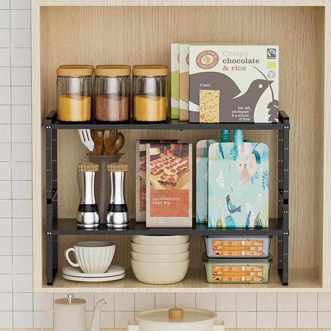 Cabinet Organizer Shelf Expandable,Pantry Organizer Stackable Shelves,Kitchen Counter Under Sink Storage Shelf for Kitchen,Countertop,Cupboard,Inside Cabinet,10.24" D,Black,2 Packs