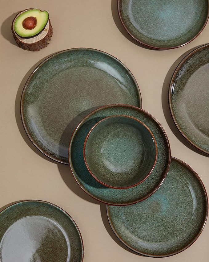 Pokini 12 Piece Dinnerware Sets with Pasta Bowls, Stain Resistant Dish Set, Easy Cleaning Dishes, Multi-Functional Plate and Bowl Set, Stack Compactly Plates, Service for 4 Sage Green