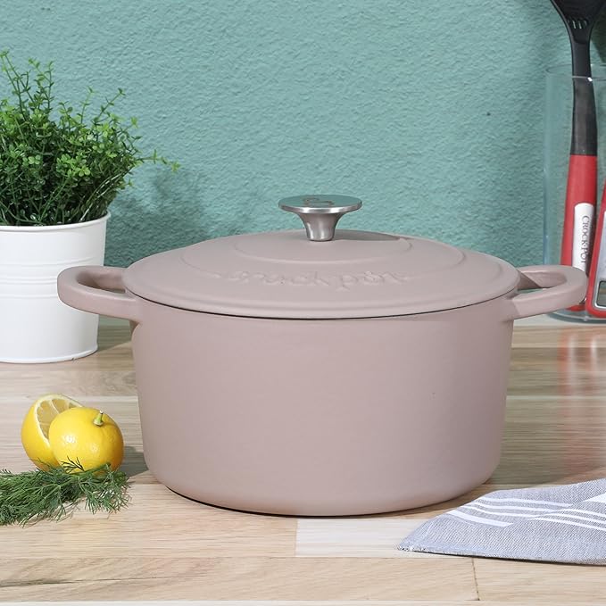 Crock-Pot Artisan 5-Quart Round Cast Iron Dutch Oven with Lid ??Matte Dusty Pink, Durable Oven Safe Cookware