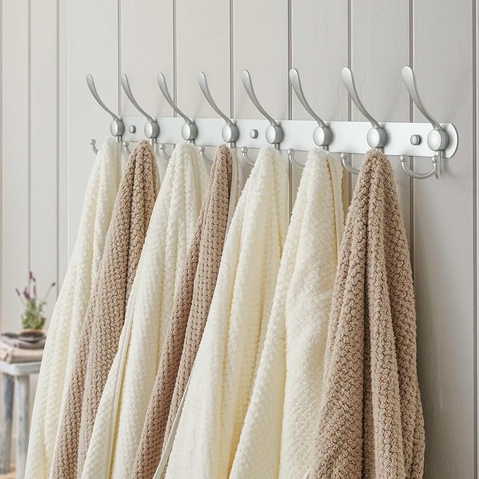 Dseap Coat Rack Wall Mount - 29.5??Long 8-Tri-Hooks Heavy Duty Coat Hanger Rail Wall Hooks for Hanging Coats Hats Clothing Clothes Purse Mudroom Entryway, Silver