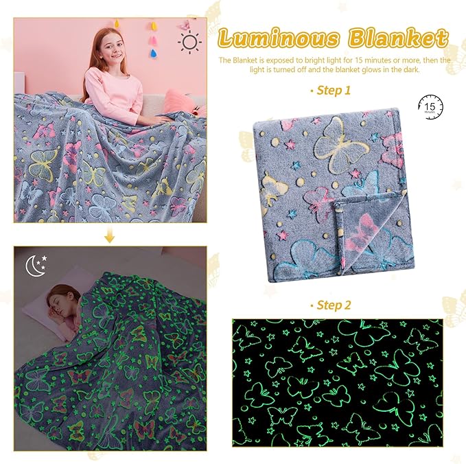 QSTEHEML Butterfly Glow in The Dark Blanket,Butterfly Gifts Toys for Kids Girls Age 3-12 Years Old, Birthday, for Daughter, Toddler, Teen, and Grandkids Soft Throw 50"횞60"