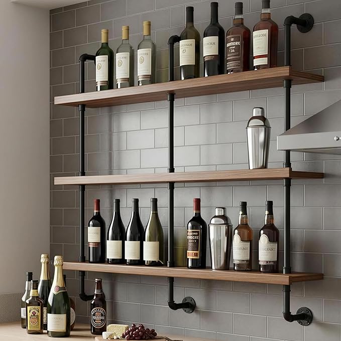 70-inch Modern Wall-Mounted Wine Rack with LED Lights, 3-Tier Liquor Bottle Display Bar Shelves, Industrial Wine Rack Floating Shelf, Multifunctional Wine Storage Rack for Home, Kitchen or Bar Decor