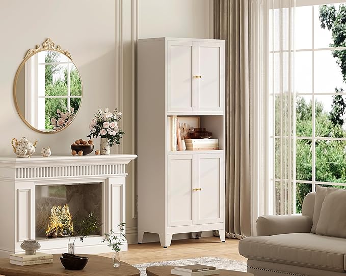 69"H Kitchen Pantry Cabinet with Countertop and Microwave Shelf,Metal Microwave Stand Cabinet with Storage竊똚hite Farmhouse Food Storage cabinet,Tall Freestanding Pantry Cabinets for Dining Room
