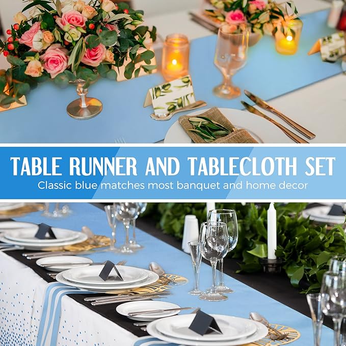 Tudomro 16 Pcs White and Light Blue Disposable Plastic Tablecloths and Satin Table Runner Set 54x108 Inch Tablecloth 12x108 Inch Table Runners for New Year Wedding Birthday Baby Shower Graduation