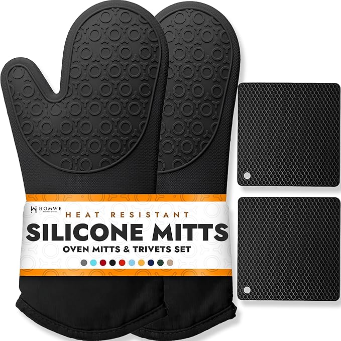 HOMWE Silicone Oven Mitts and Pot Holders, 4-Piece Set, Heavy Duty Cooking Gloves, Kitchen Counter Safe Trivet Mats, Advanced Heat Resistance, Slip-Resistant Textured Grip, Black