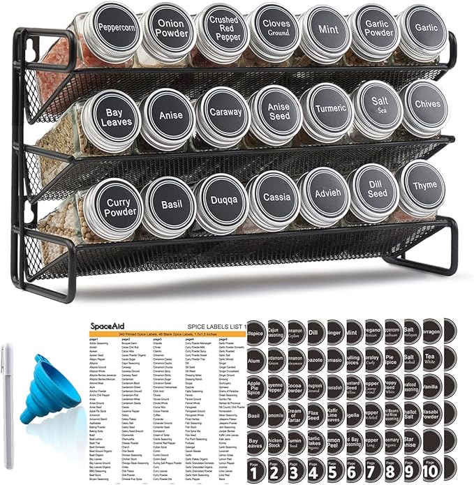 SpaceAid Spice Rack Organizer with 21 Spice Jars, 386 Spice Labels, Chalk Marker and Funnel Set for Cabinet, Countertop, Pantry, Cupboard or Door & Wall Mount - 21 Jars, 13.4" W 횞 9" H, Black