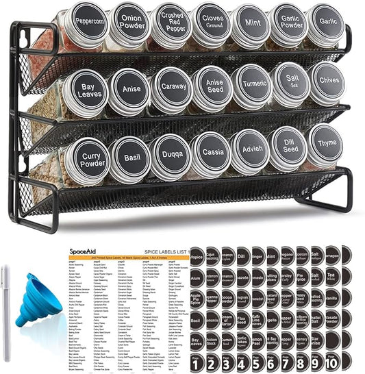 SpaceAid Spice Rack Organizer with 21 Spice Jars, 386 Spice Labels, Chalk Marker and Funnel Set for Cabinet, Countertop, Pantry, Cupboard or Door & Wall Mount - 21 Jars, 13.4" W 횞 9" H, Black