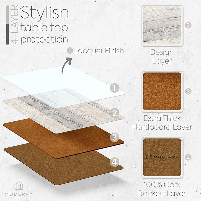 Moderry Set of 4 Heat Resistant Cork Placemats for Dining Table with Free Set of 4 Matching Drink Coasters Cork Wood Design Print 16 x 12 Inches Cork Backed Hard Placemats (White Driftwood)