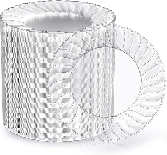 FOCUSLINE 100 Count 6 Inch Clear Plastic Plates, Disposable Heavy Duty Salad Dessert Plates- Premium Hard Plastic Plate Fancy Disposable Clear Plate for Weddings, Parties and Events
