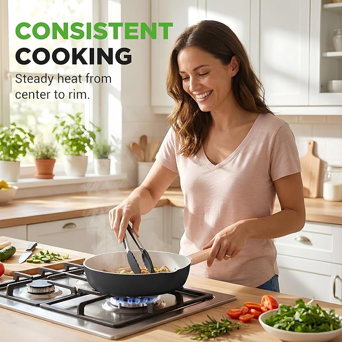 NutriChef 14-Piece Non-Stick Ceramic Cookware Set - Induction Safe Pots and Pans with Glass Lids, Cool-Touch Handles, Even Heat Distribution, Dishwasher Safe, Includes Ladle, Tong, Spatula (Black)