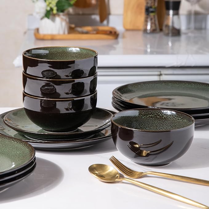 LERATIO Ceramic Dinnerware Sets for 8,Stoneware Plates and Bowls Sets,Handmade Reactive Glaze Dishes Set,Chip Resistant and Scratch Resistant | Oven&Dishwasher & Microwave Safe-Green(24PCS)