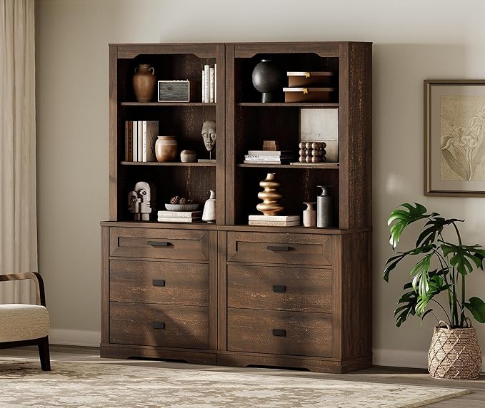 WAMPAT 2 Column 3 Tier Pantry Cabinet with Drawer,73.3" Tall Floor Standing Cupboard,Modern Farmhouse Display Kitchen Buffet with Adjustable Shelves for Dining Room,Living Room,Rustic Brown