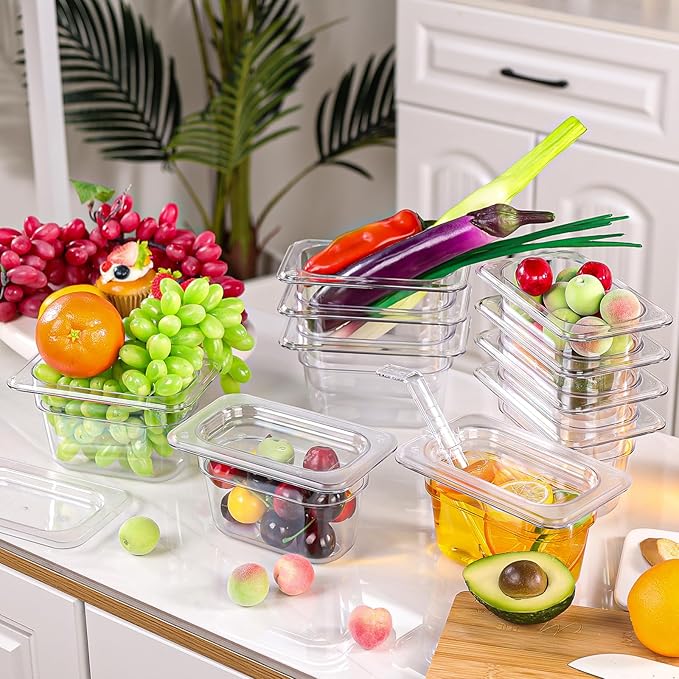 12 Pack Plastic Clear Food Pans with Lids, 1/9 Size 4'' Deep Commercial Stackable Polycarbonate Pans Hotel Food Storage Pan with 1 Pcs Spoon for Fruits Vegetables