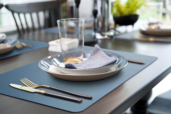 More D챕cor Faux Leather Placemats Set of 4 for Dining Table ??Waterproof, Wipeable, Washable, Stain & Heat Resistant, Non-Slip Table Mats ??12 X 17 Inch, (Solid Blue, 4)