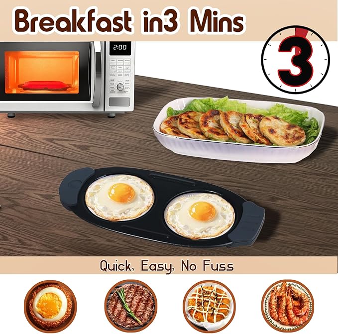 Quick-Heat Microwave Egg Cooker and 33 OZ Microwave Grill Combo | 2-Piece Breakfast Maker Set for Grilling, Frying, Crisping Meat, Bacon, Pancakes & Veggies | Dishwasher Safe & Non-Stick for Kitchen RV, Dorm, Office(Red)