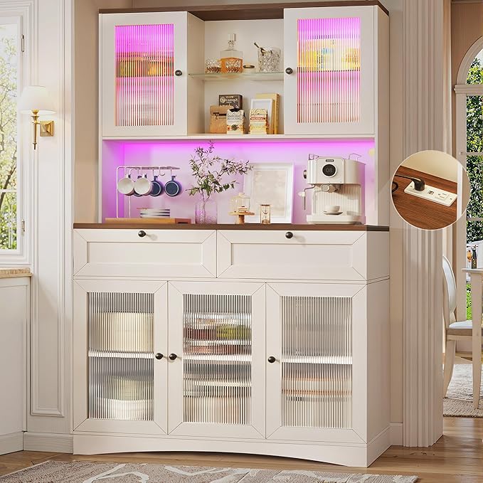 71" Pantry Cabinet with Charging Station and LED Light, Modern Kitchen Pantry Cabinet with Microwave Stand, Tall Kitchen Hutch Food Pantry with Drawers & Shelves for Dining Room, White