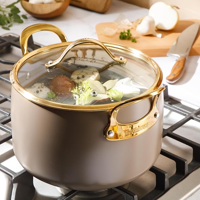 Bloomhouse - Two Time Oprah's Favorite Things Winner - 8 Quart Stock Pot w/Lid ??PFAS-Free Ceramic Nonstick Dutch Oven Heavy Duty Aluminum Oven Safe Dishwasher Safe Cappuccino Cream w/Gold Handles