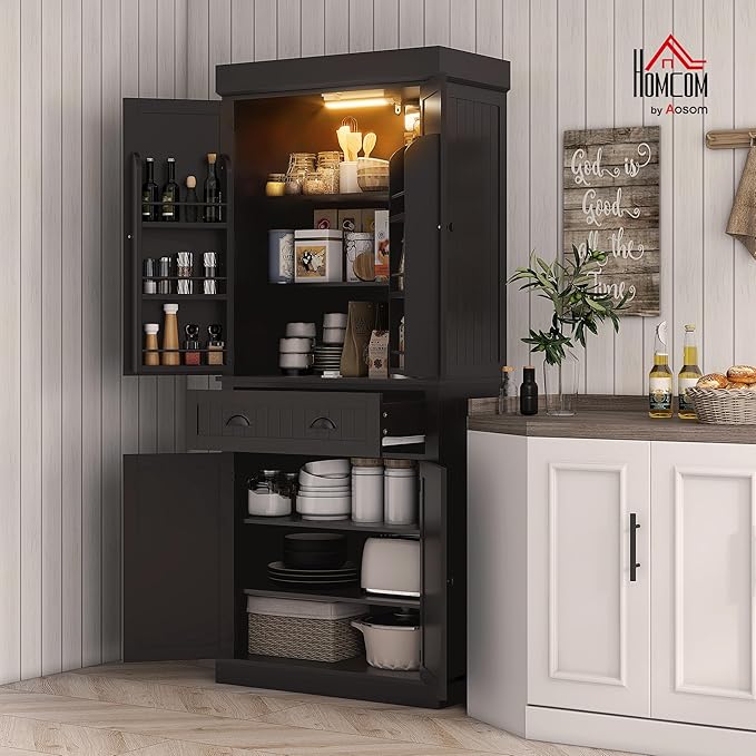 HOMCOM 71" Kitchen Pantry Cabinet with LED Motion Sensor Light, Tall Storage Cabinet with 6 Door Shelves, Drawer & Adjustable Shelves, for Living & Dining Room, Black