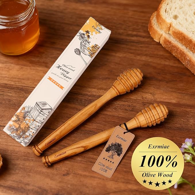 Olive Wood Honey Dipper/Stick Durable & Warp-Resistant, Preserves Honey Purity, 2pcs, 6.3 Inch