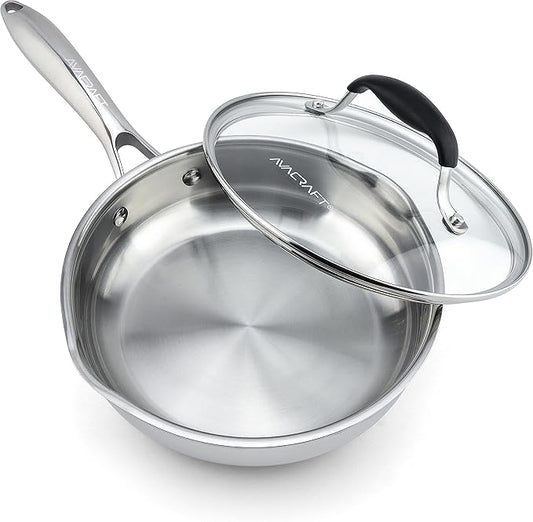 AVACRAFT 18/10 8 Inch Stainless Steel Frying Pan with Lid, Side Spouts, Induction Pan, Versatile Stainless Steel Skillet, Fry Pan in our Pots and Pans (Stainless Steel, 8 Inch)