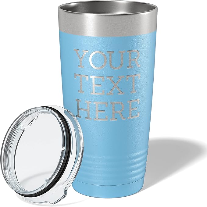 Personalized 20oz (17 Colors) Powder Coated Insulated Stainless Steel Tumbler with Lid, Custom Etched, Customized Text Message Name, Engraved Gift Idea Women Men Him Her, Your Text Here (Light Blue)
