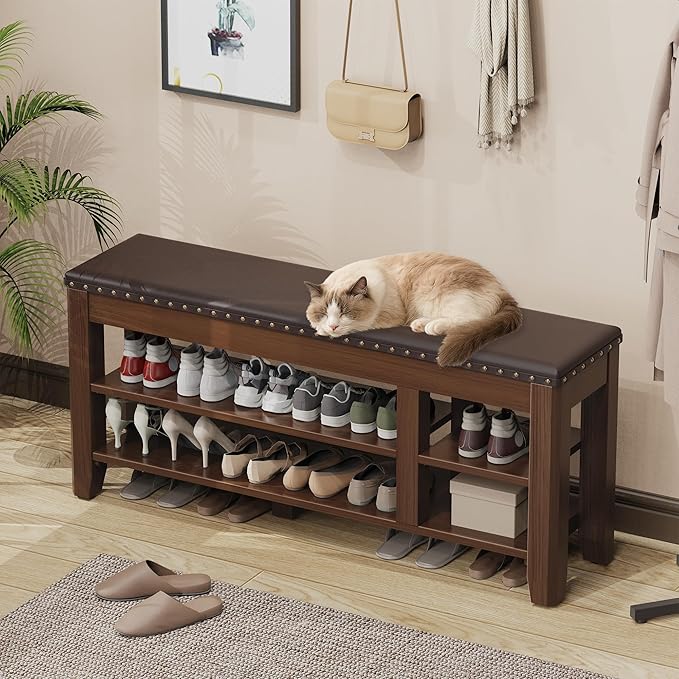 Shoe Bench for Entryway, Solid Rubberwood Shoe Bench with Hidden Storage, Adjustable 2-Tier Shelves & Soft PU Leather Seat, Shoe Rack Durable Easy Assembly for Hallway or Bedroom - Brown, 47.28"