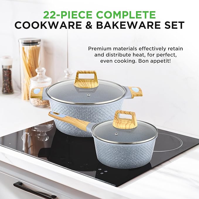 NutriChef 22?멠iece Non?멣tick Ceramic Pots and Pans Set ??For All Cooktops Including Induction ??PTFE & PFAS Free, Includes Bakeware & Utensils
