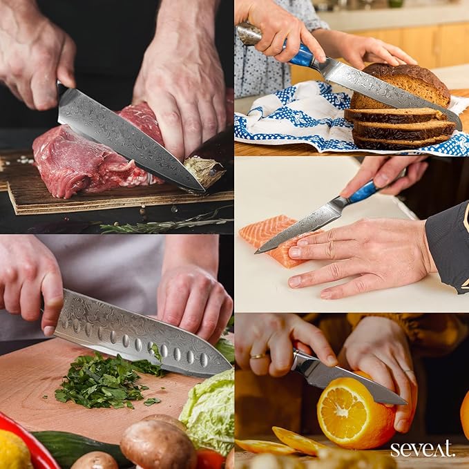 Damascus Kitchen Knife Set, 67-Layer Damascus Steel, 5-Piece Professional Chef's Japanese Knife Set for Kitchen, Ergonomic Wood & Resin Handle in Gift Box, Ideal for Gifting (Blue, 5 pieces)