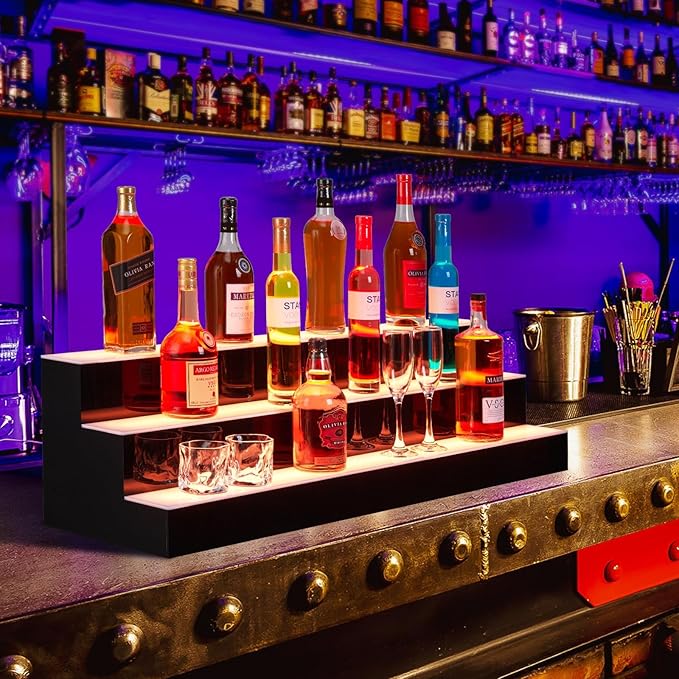 60 Inch Rectangular 3-Tier LED Lighted Liquor Shelf ??Acrylic Wine Rack with Remote/App Control, 16 Colors & 1-8H Timer, USB Powered for Home Bar & Commercial Use