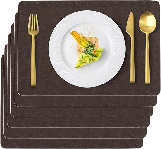 Uolr Vinyl Placemats Set of 6 Faux Leather 100% Waterproof Wipeable Washable Place Mats Heat Resistant Easy Clean Non-Slip Table Mats for Indoor Outdoor. (6,Coffee)