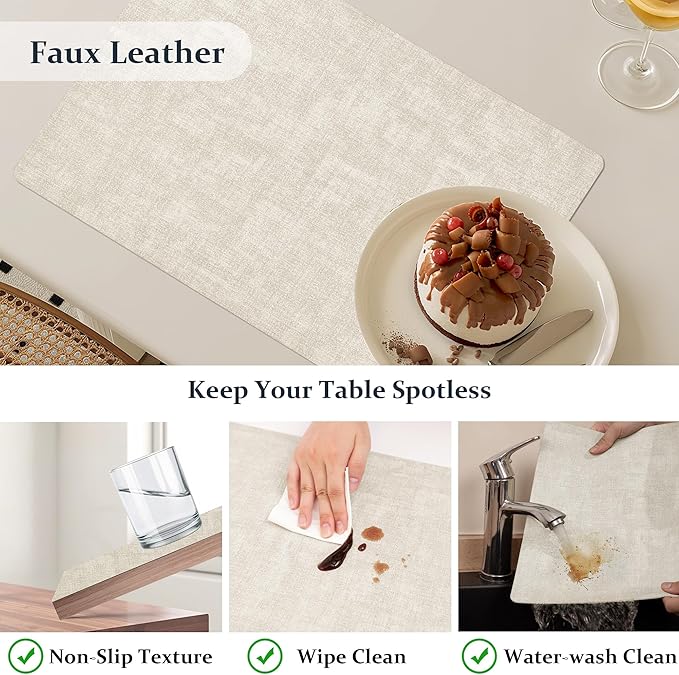 FROMHEART Faux Leather Placemats Set of 6?밯aterproof,Heat/Oil Stain-Resistant PU Table Mat?밨eversible,Non-Slip,Easy to Clean Place Mats for Kitchen,Dining,Indoor/Outdoor,(Beige,11.8" x 17")