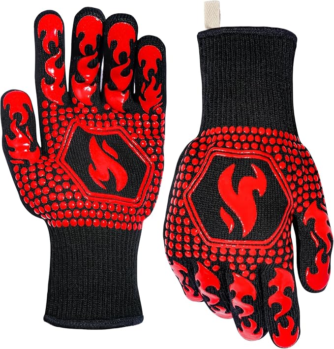 QUWIN BBQ Gloves, BBQ Accessories 1472??Extreme Heat Resistant, Grilling Gloves Silicone Non-Slip Oven Mitts, Kitchen Gloves for BBQ, Grilling, Cooking, Baking-1 Pair??(One Size Fits Most, Red)