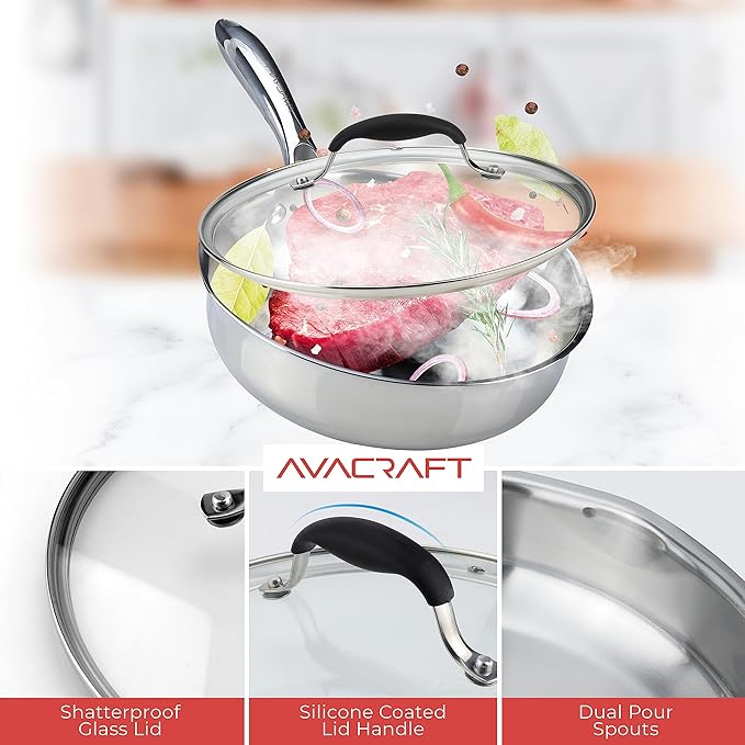 AVACRAFT 8 Inch Tri-Ply Stainless Steel Frying Pan with Lid, Side Spouts, Induction Pan, Versatile Stainless Steel Skillet, Fry Pan in our Pots and Pans (Tri-Ply Stainless Steel, 8 Inch)