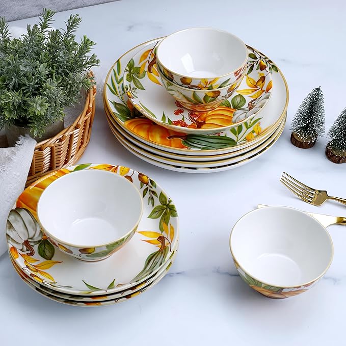 12-Piece Porcelain Dinnerware Set, Service for 4, Pumpkin Pattern Plates & Bowls, Microwave and Dishwasher Safe Dinnerware Set