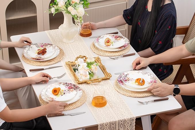 FHGNYSM Dinnerware Sets, Plates Set, with Bowels, Artistic 12-Piece Ceramic Dinnerware, for Home Restaurant, Chip and Scratch Resistant, Microwave and Dishwasher Safe, Rose Collection