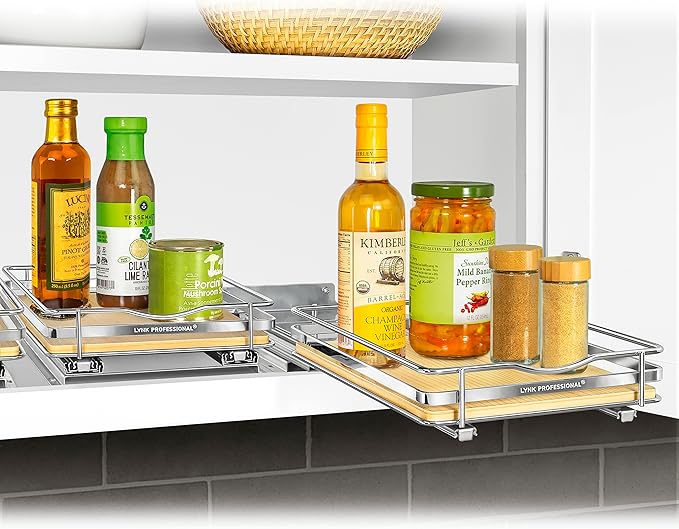LYNK PROFESSIONAL짰 횋lite??Pull Out Spice Rack Organizer for Inside Kitchen Cabinets - 8-3/8 inch Wide - Slide Out Drawer ??Wood/Chrome Sliding Spice Cabinet Organization Shelf Racks - 1 Tier