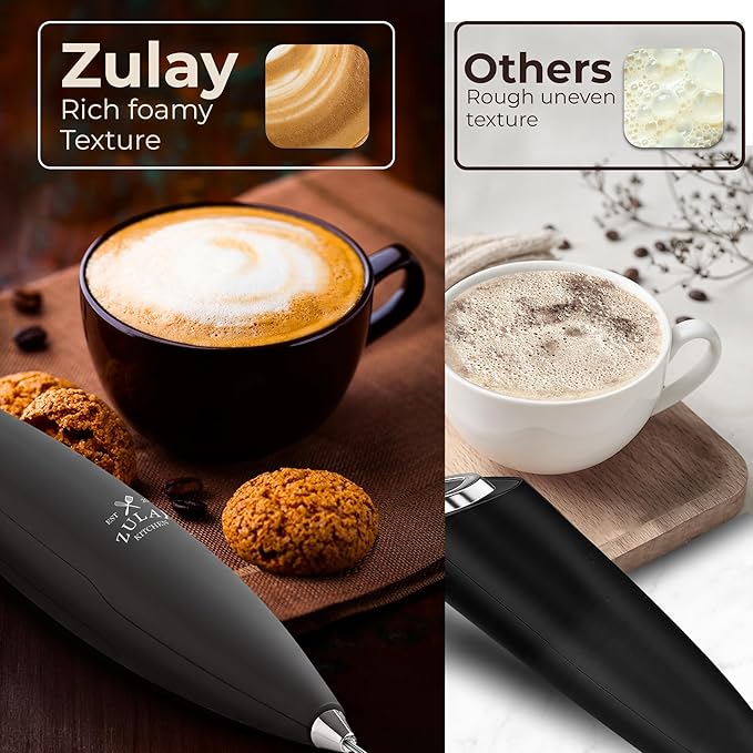 Zulay Kitchen Patented Tornado Triple Whisk Milk Frother with 4 Duracell Batteries ??Handheld Foam Maker for Coffee, Lattes, Matcha & Hot Chocolate ??Rich, Creamy Froth in Seconds