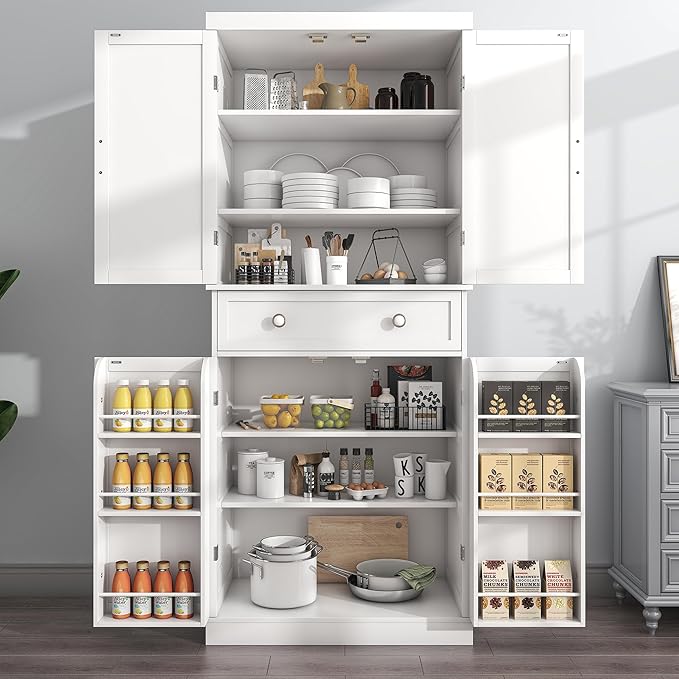 72" Tall Kitchen Pantry Cabinet, White Pantry Storage Cabinet with Adjustable Shelves, Barn Doors and Drawer, Farmhouse Cupboard for Kitchen, Dining Room, Bathroom (16" D x 30" W x 72" H)