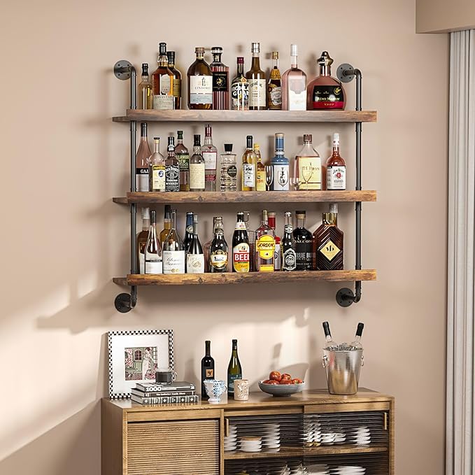 3-Tier Wall Mounted Wine Rack with LED,Liquor Bottles Floating Shelves Display Storage Organizer for Home Bar Dining Room Kitchen (31.5" W x 47.2" H x 8.6" D)