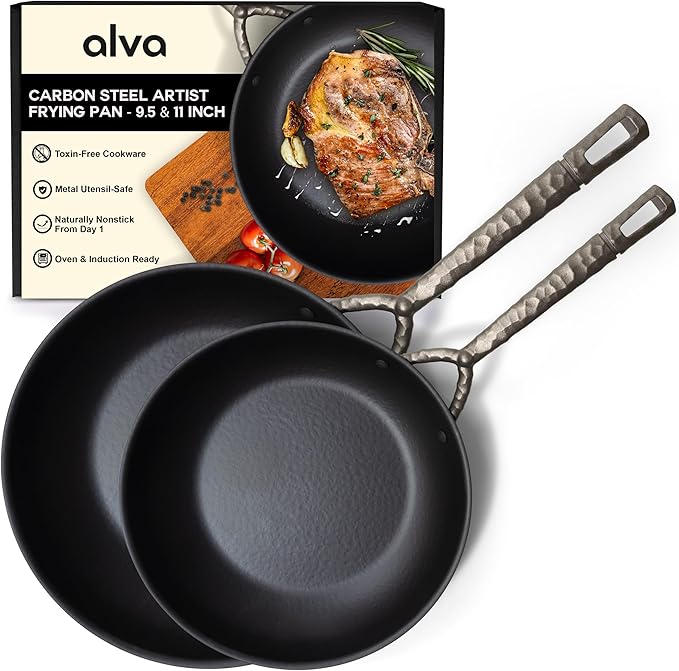Alva Artist 2-Piece Carbon Steel Frying Pan Set (9.5??& 11?? ??Naturally Nonstick Without PTFE/PFOA/PFAS, Built for Lifetime Durability, Masterful Heat Control, Oven & Induction Safe ??Pro Performance