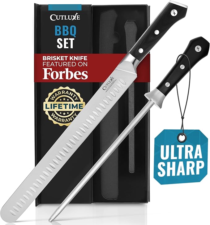 Cutluxe BBQ Knife Carving Set ??12" Brisket Knife & 10" Honing Rod, Butcher Knife Set for Meat Cutting ??Ultra Sharp German Steel, Ergonomic Pakkawood Handles ??Artisan Series