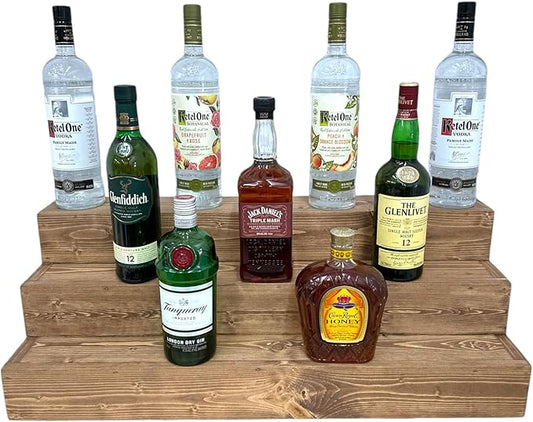 Handmade Tiered Display Shelving - Three Tier Bar Display - Bar Organizer - Liquor Bottle Display (30" without Back, Special Walnut)