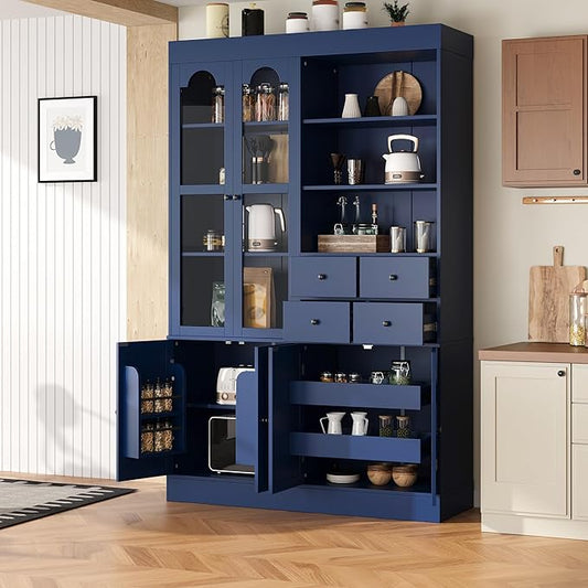 75-inch Tall Kitchen Pantry Cabinet, Freestanding Buffet with Hutch, Storage Cabinet with 4 Drawers, Door Shelves and Pull-Out Trays for Dining Room (Blue + MDF + Farmhouse)