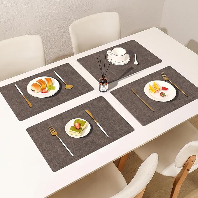 Boobezeen Faux Leather Placemats Set of 6, Heat Resistant Wipeable Washable Vinyl Place Mats, Waterproof Anti-Slip Dining Table Mats, Suitable for Indoor & Outdoor Use (Coffee)