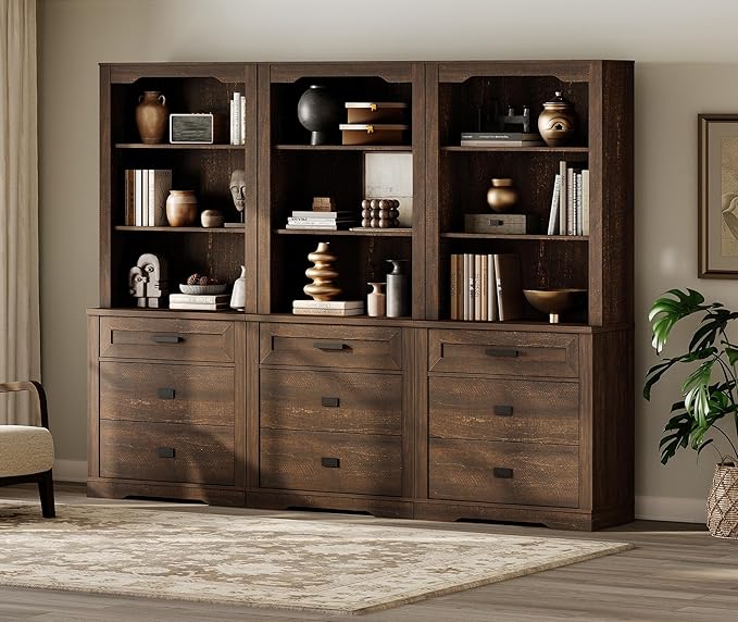 WAMPAT 3 Column 3 Tier Pantry Cabinet with Drawer,73.3" Tall Floor Standing Cupboard,Modern Farmhouse Display Kitchen Buffet with Adjustable Shelves for Dining Room,Living Room,Rustic Brown