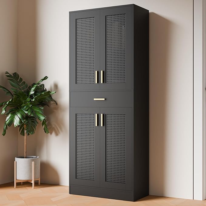 Cozy Castle Kitchen Pantry Cabinet, 71" Tall Rattan Doors Storage Cabinet with Large Drawer and Adjustable Shelves, Freestanding Rattan Pantry Cabinets for Kitchen, Dining Room, Living Room, Black