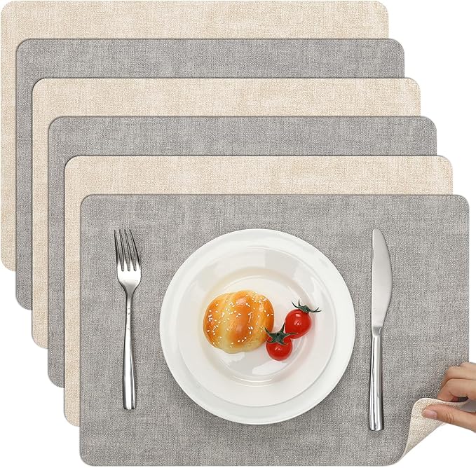 Myir JUN Reversible Vinyl Placemats Set of 6, Faux Leather Place Mats Dual Sided Waterproof Wipeable, Heat-Resistant Table Mats for Kitchen Dining Indoor Outdoor (12" x 17", Light Gray Cream-White)