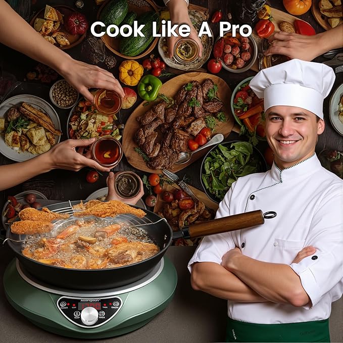 1700W Wok Induction Cooktop with 13.4??Nitride Carbon Steel Wok Round-Bottom & Flat-Pan Compatible, Electric Stir-Fry Wok Set for Home & Restaurant, No-Coating, Even Heating