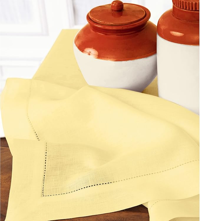 Solino Home Linen Yellow Tablecloth 60 x 132 Inch - Classic Hemstitch, 100% Pure Linen Rectangular Tablecloth - Machine Washable Table Cloth for Valentines, Spring, Easter