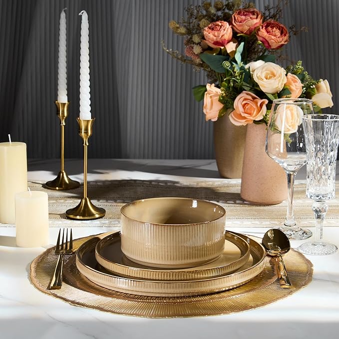 E-far Stoneware Dinnerware Sets, 18-Pieces Modern Plates and Bowls Sets, Kitchen Dinning Porcelain Dishes Set for 6, Chip & Scratch Resistant, Dishwasher & Microwave Safe, Caramel Khaki